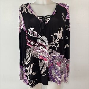 Venus Long Sleeve Abstract Floral Paisley Print V Neck Blouse Size L